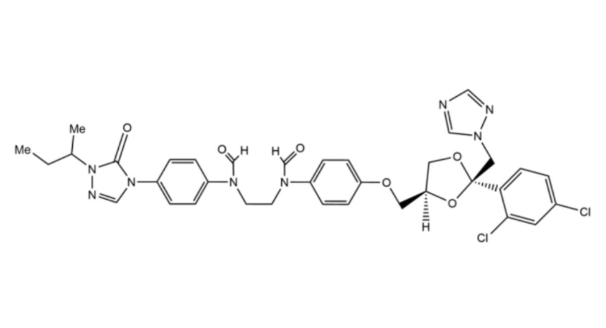 1. N-(4-((2-((1H-1,2,4-triazol-1-yl)methyl)-2-(2,4-dichlorophenyl)-1,3-dioxolan-4-yl)methoxy)phenyl)-N-(2-(N-(4-(1-(sec-butyl)-5-oxo-1,5-dihydro-4H-1,2,4-triazol-4-yl)phenyl)formamido)ethyl)formamide