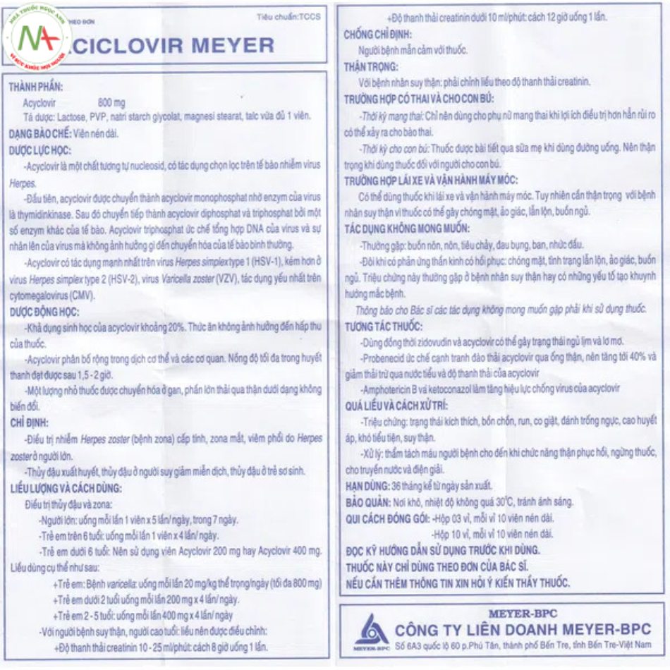 Hướng dẫn sử dụng thuốc Aciclovir Meyer