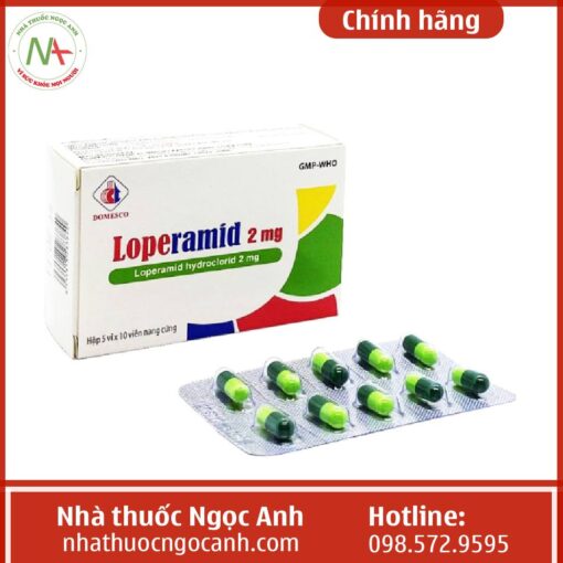 Mặt chéo hộp thuốc và vỉ Loperamid Hydrochlorid 2mg