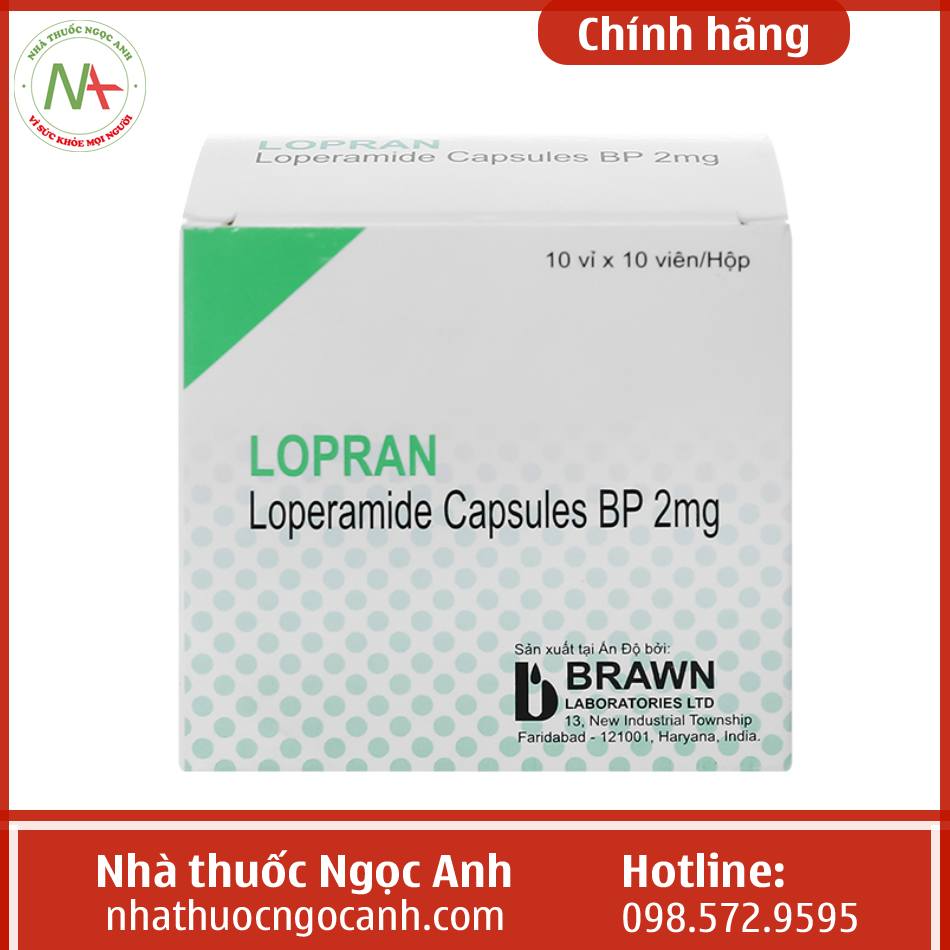 Chính diện hộp Loperamide Capsules B.p 2mg