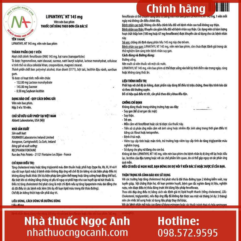 Tờ hướng dẫn sử dụng thuốc Lipanthyl NT 145mg