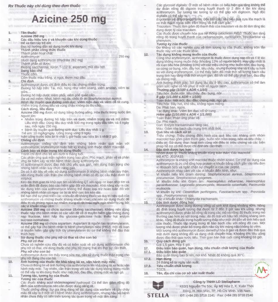 Hướng dẫn sử dụng của thuốc Azicine 250mg Stella