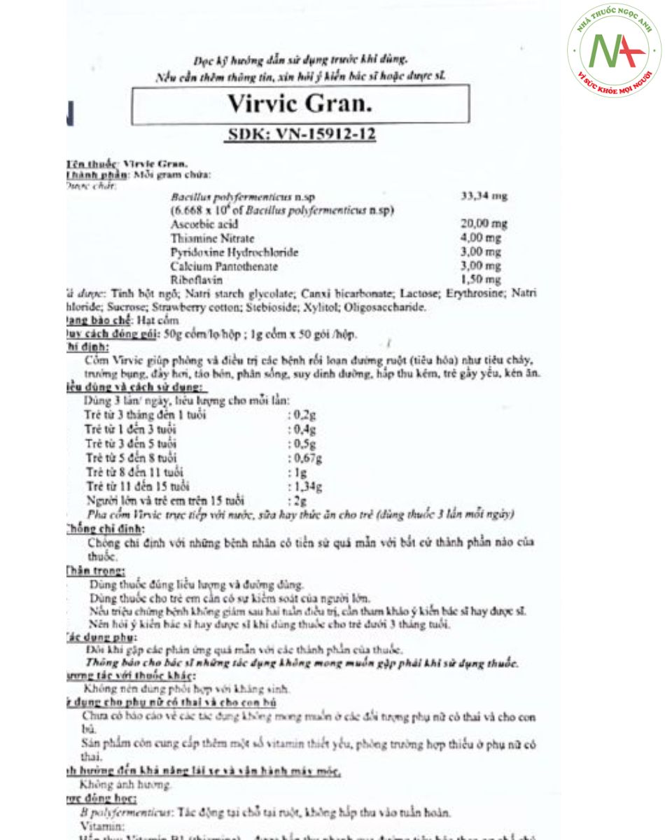 Hướng dẫn sử dụng thuốc Virvic Gran trang 1