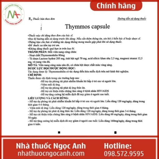 Hướng dẫn sử dụng thuốc Thymmos Capsule 80mg