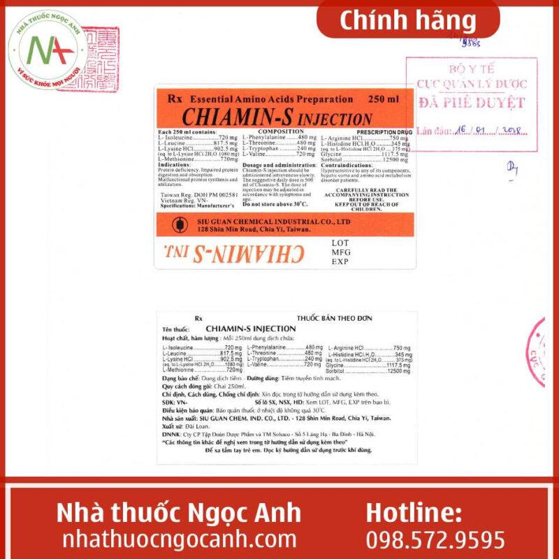 Thuốc Chiamin-S Injection 250ml là thuốc gì, giá bao nhiêu, mua ở đâu