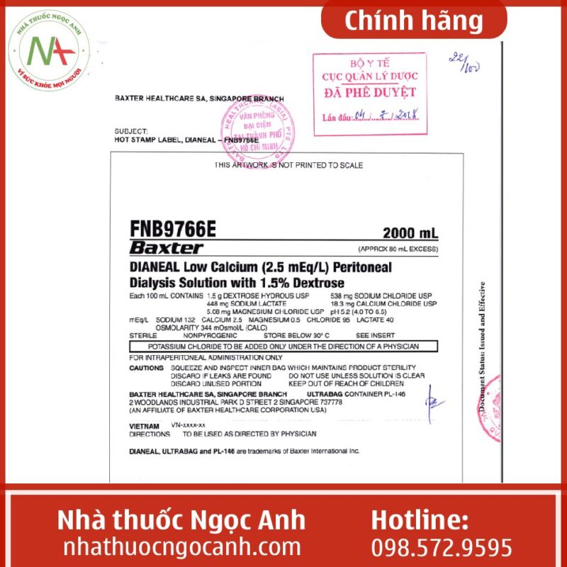Thuốc Dianeal low cacium (2.5mEq/l) peritoneal dialysis solution with 1