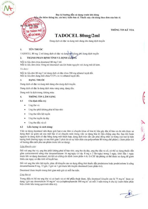 Hướng dẫn sử dụng thuốc Tadocel 80mg2ml
