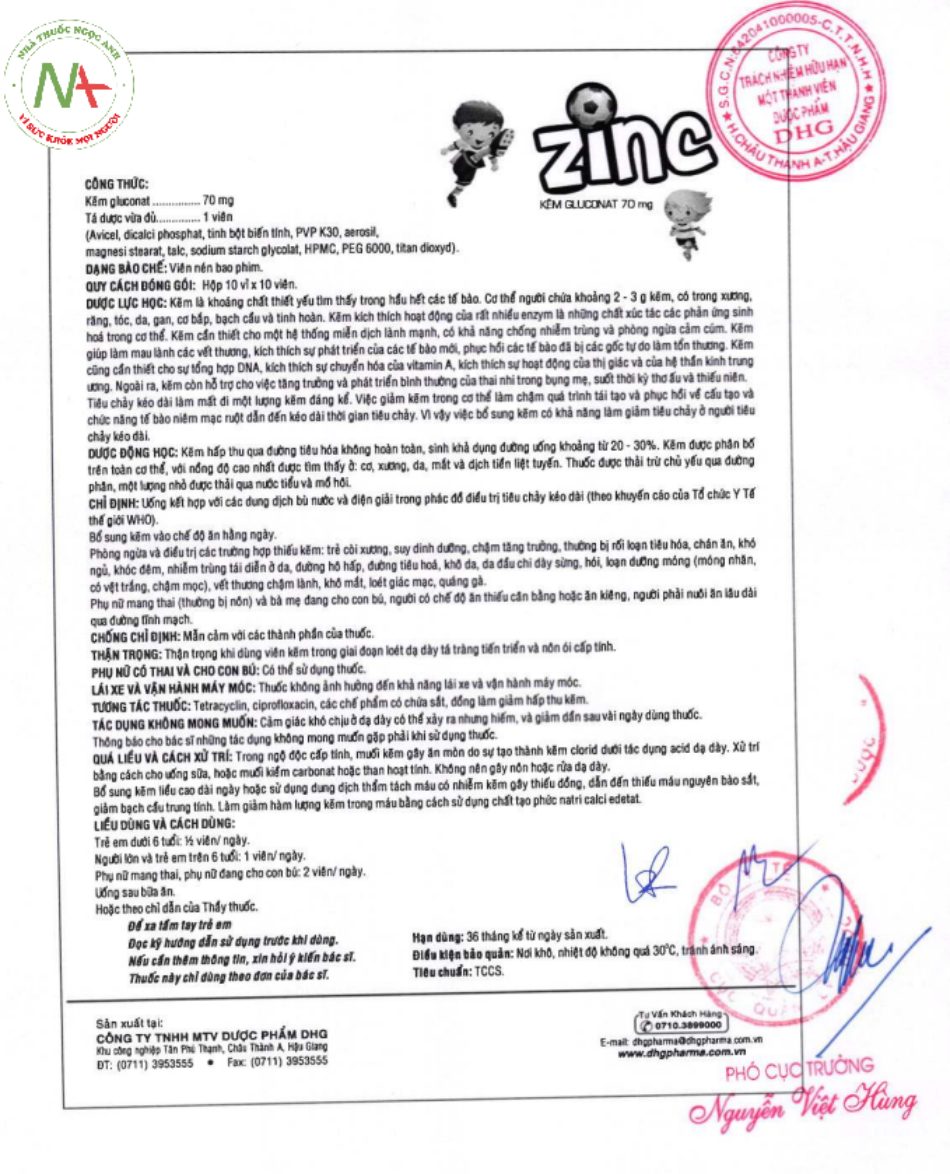 Tờ hướng dẫn sử dụng Zinc 70mg DHG Pharma