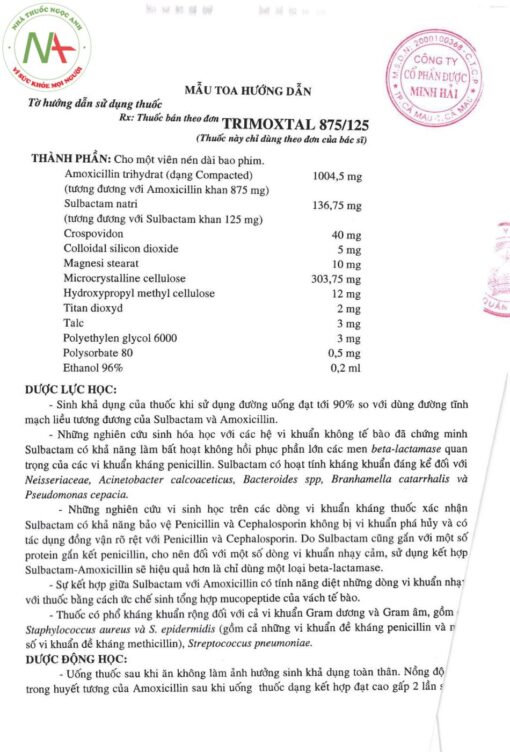 Hướng dẫn sử dụng thuốc TRIMOXTAL 875/125 trang 1