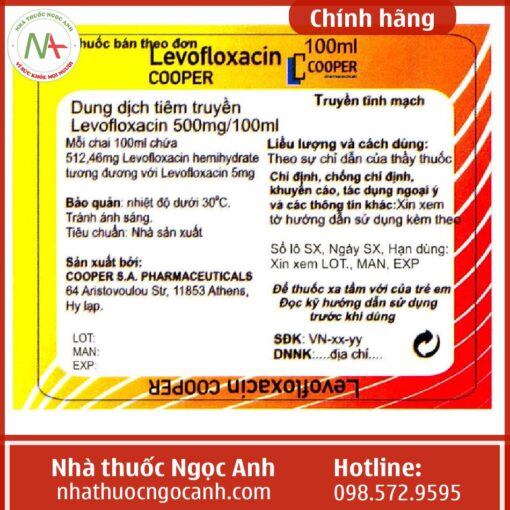 nhãn phụ thuốc Levofloxacin Cooper 500mg/100ml