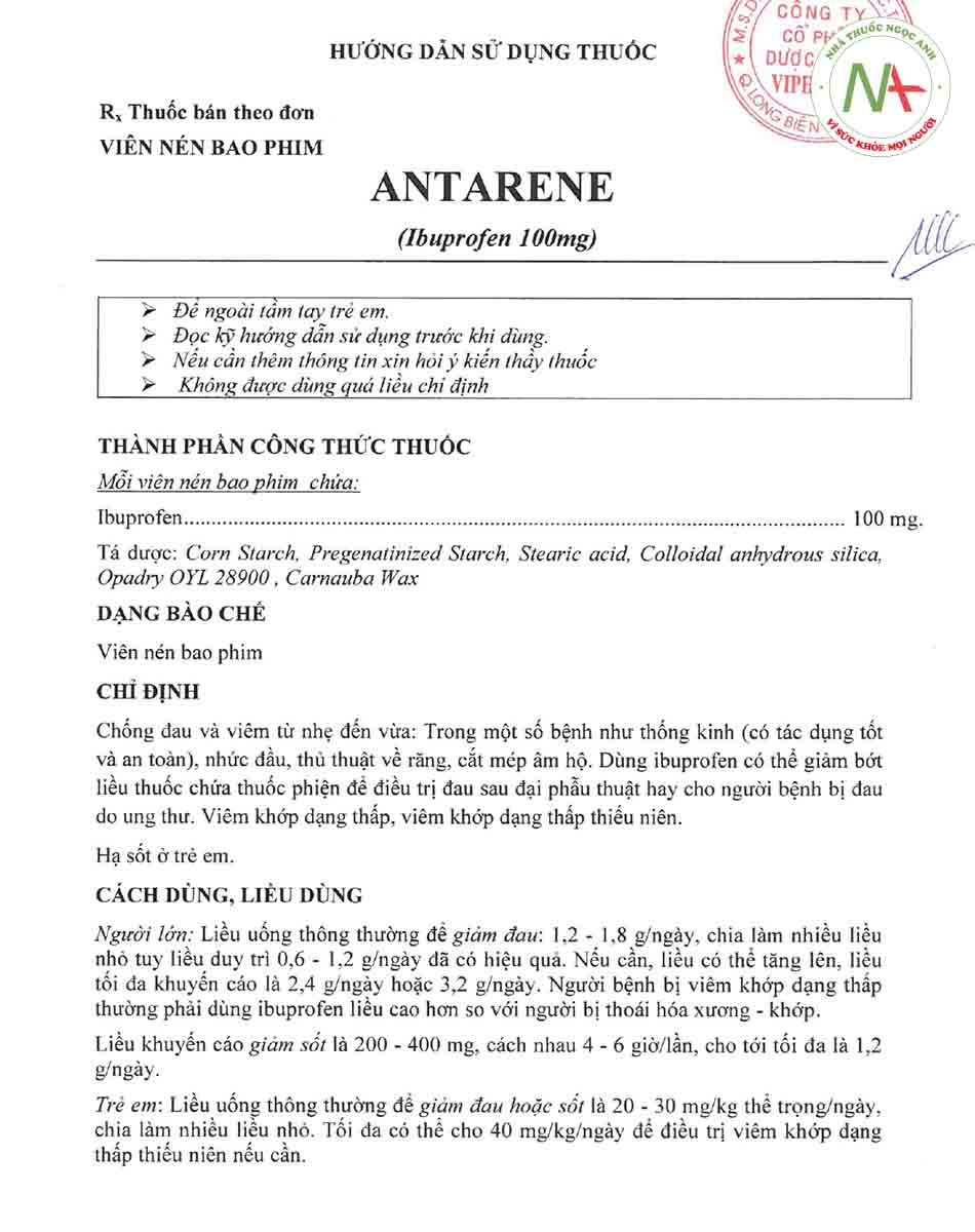 Hướng dẫn sử dụng thuốc Antarene 100mg