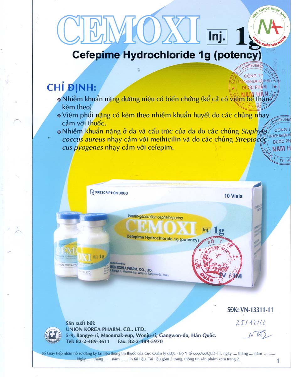Hướng dẫn sử dụng thuốc Cemoxi Inj. 1g