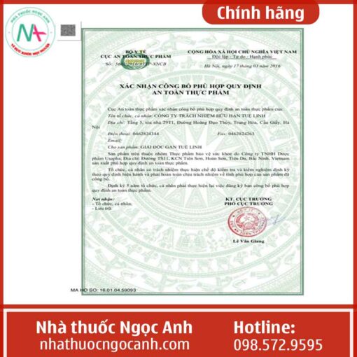 Hình ảnh giấy tiếp nhận đăng ký bản công bố sản phẩm Cà gai leo Tuệ Linh
