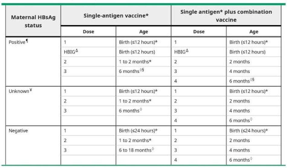 Recommended schedule of hepatitics B immunoprophylaxis for term infants and preterm infants with birth weight ≤2 kg