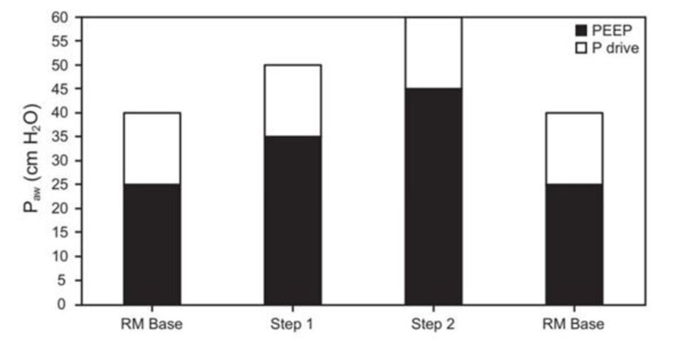 Hình 3. Trình bày các bước bơm phồng thủ thuật huy động “bậc thang” như được sử dụng ban đầu trong quá trình thử nghiệm ART. Pdrive = áp lực đẩy (áp lực bình nguyên-PEEP); Paw = áp lực đường thở; RM = thủ thuật huy động. Dữ liệu từ Tài liệu tham khảo 17. 