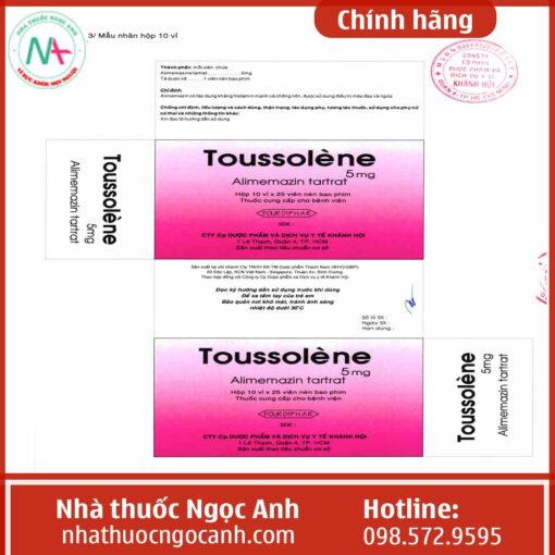 Hình ảnh mẫu nhãn hộp 10 vỉ của thuốc Toussolene 5mg