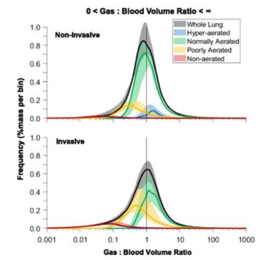 Hình 4 Sự phù hợp khí:thể tích máu phổi ở nhóm xâm nhập (bảng trên) và không xâm nhập (bảng dưới). 