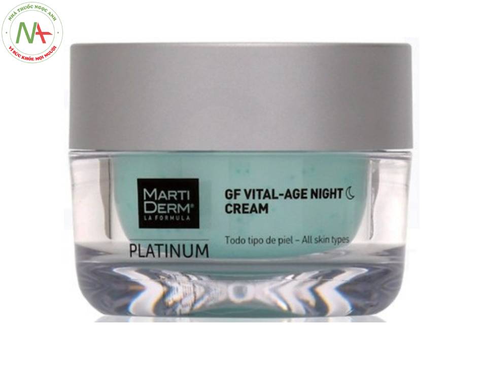 GF vital-age night cream của MartiDerm chứa retinyl palmitate 1% chứa trong microcapsule giúp thuốc này ổn định hơn. Ngoài ra, kem dưỡng ban đêm này còn chứa yếu tố tăng trưởng thực vật, kinetin 0.1% giúp chống lão hóa.