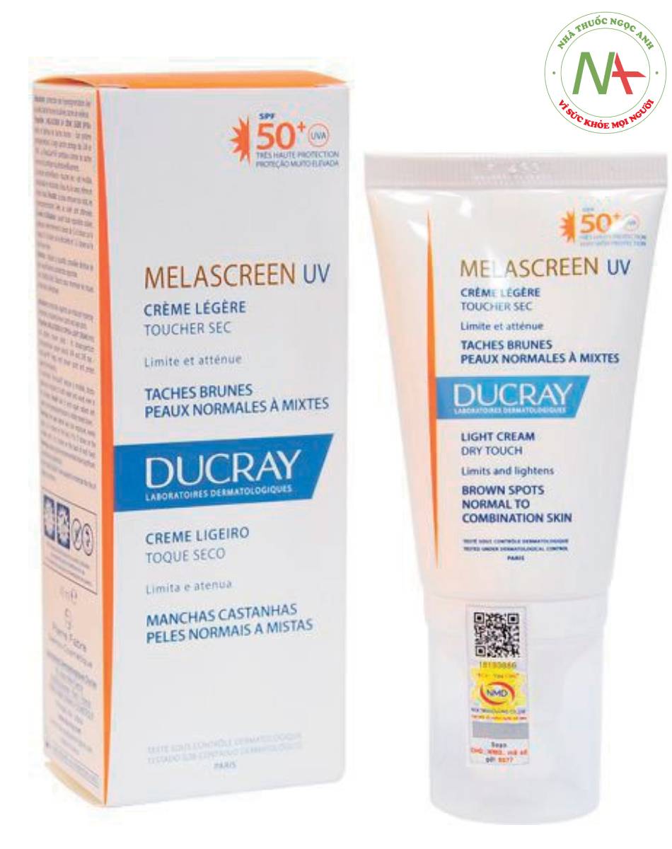 Melascreen UV của Ducray SPF50 nâng tông da nhẹ nhàng do có bisoctrizole dạng nano.