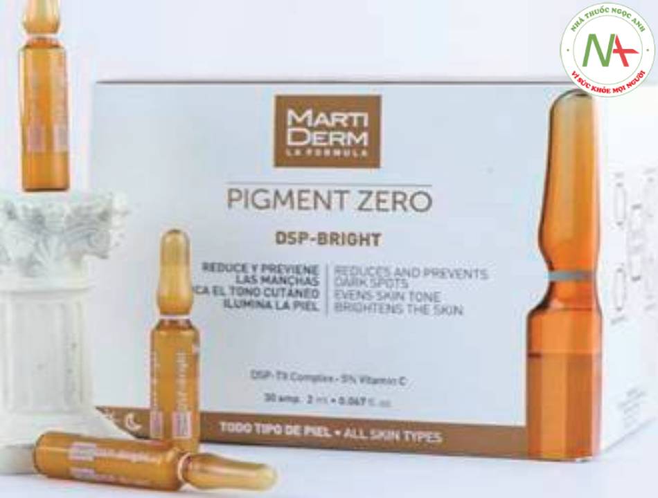 Pigment zero DSP của MartiDerm chứa genistein, tranexamic acid 3%, phytic acid 2%, hexylresorcinol 1%, có tác dụng làm trắng da.