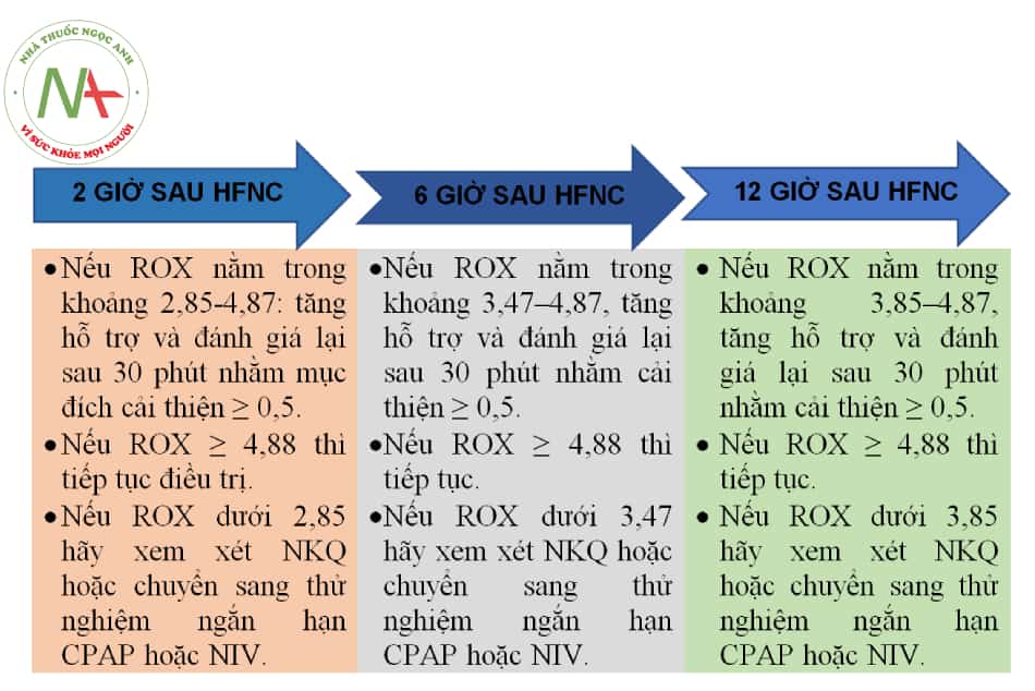 Hình 8.9. Các giai đoạn theo dõi đáp ứng liệu pháp oxy thông qua ống thông mũi dòng cao (HNFC)