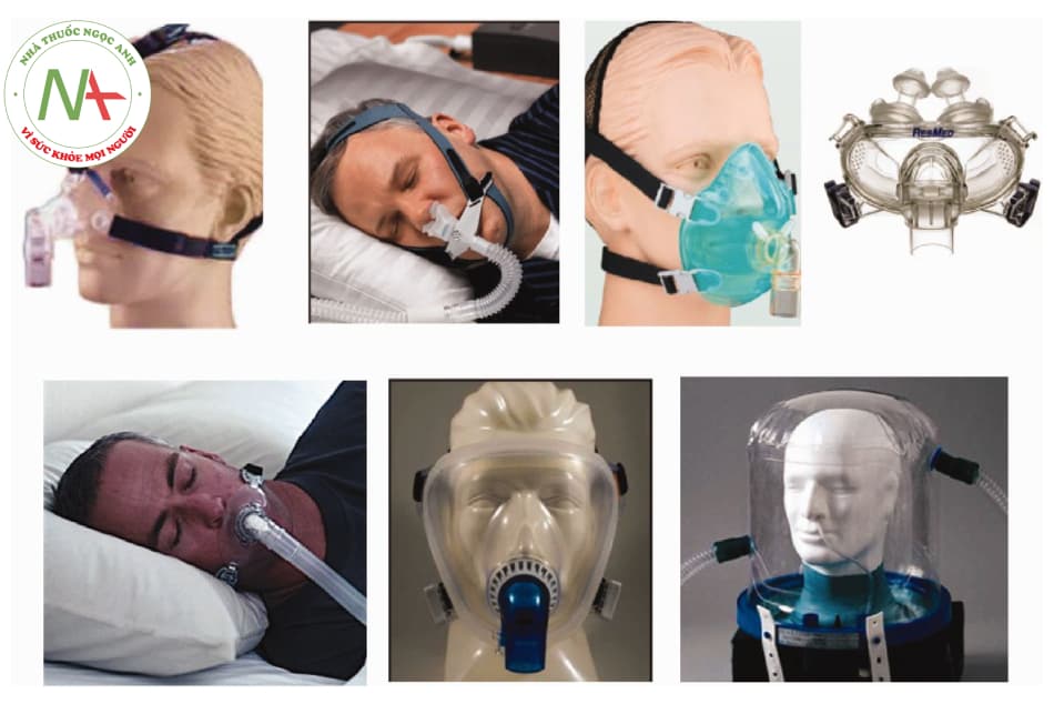 Hình 8.13. Các loại mask thường dùng trong thở không xâm nhập. Từ trái qua phải và trên xuống, theo thứ tự là: mask mũi, gối mũi, mask mũi miệng, mask lai (mũi – miệng), mask toàn mặt, mask helmet.