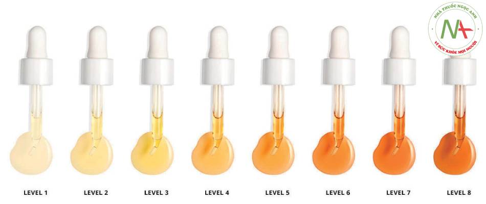 Màu sắc của serum vitamin C theo khuyến cáo của hãng Obagi: khi ở level 5 trở lên đã bị oxy hóa, không nên dùng (chú ý các hãng khác không áp dụng màu sắc này).