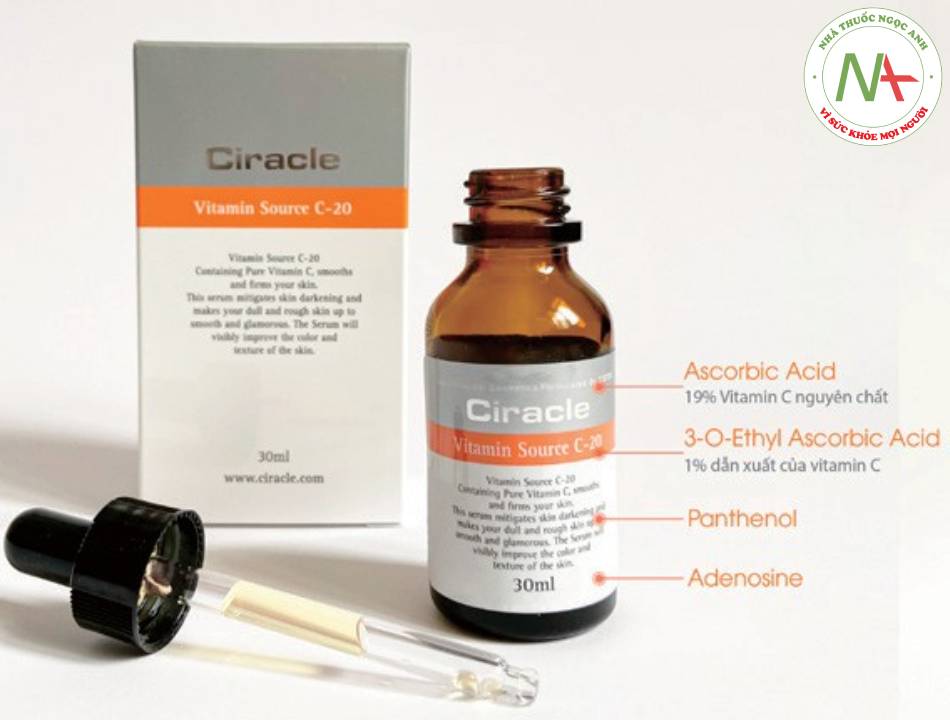 Serum vitamin C của Ciracle chứa 19% LAA, 1% EAC. Ngoài ra, còn chứa thêm niacinamide, adenosin, panthenol. Thích hợp da lão hóa.