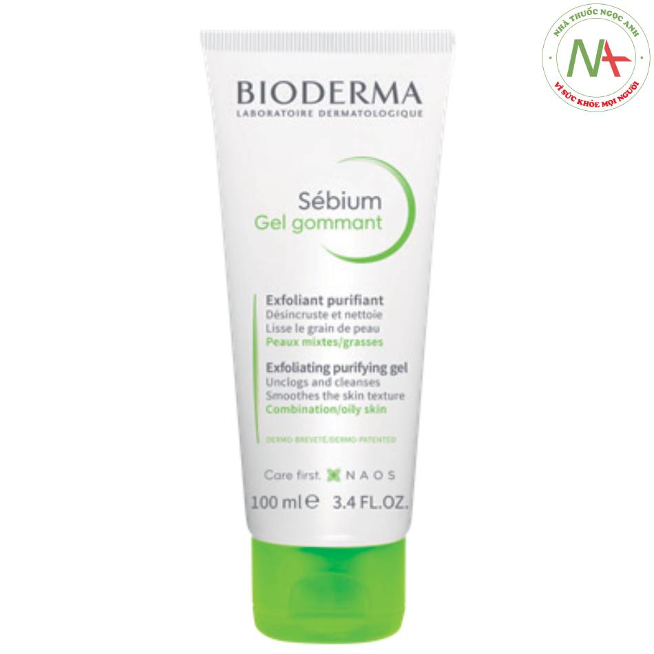 Tẩy tế bào chết Sébium gel gommant của Bioderma chứa salicylic, microbeads: tuần dùng 1-2 lần, massage nhẹ 1-2 phút theo đường tròn.