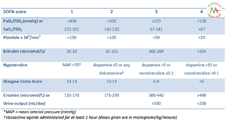 Hình 1: Điểm đánh giá suy nội tạng theo tuần tự (SOFA): điểm >7 khi đánh giá ban đầu có liên quan đến sốc đáng kể, với điểm >13 liên quan đến nguy cơ tử vong cao trong trường hợp chăm sóc tích cực