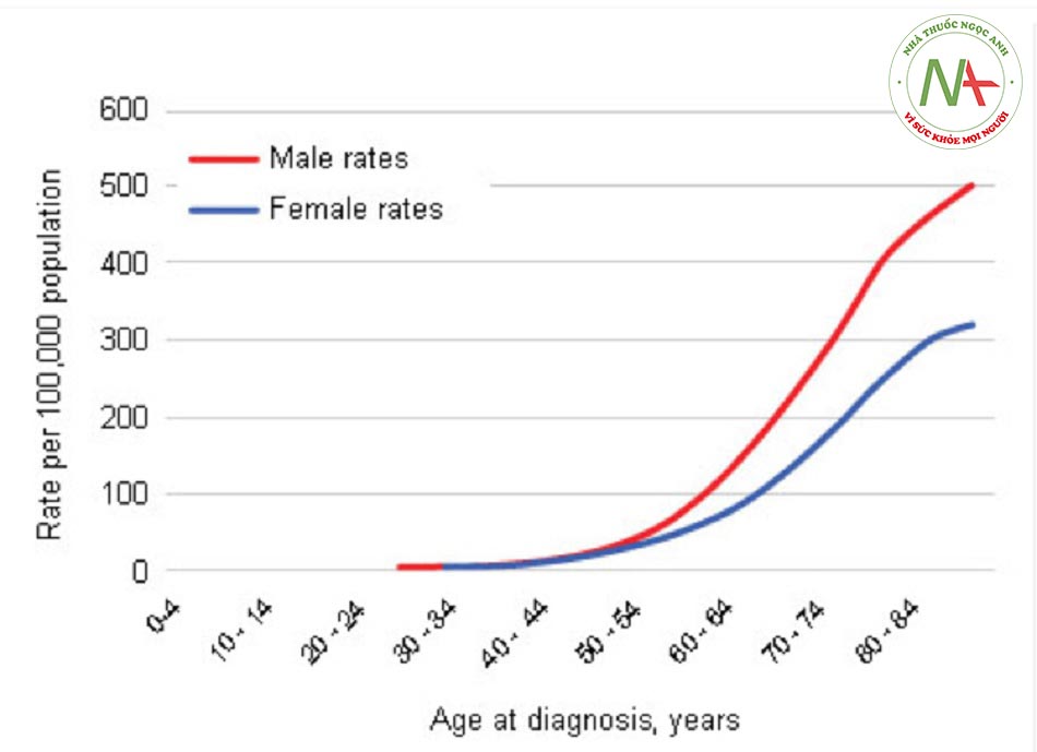 Hình 1: Tỷ lệ mắc mới ung thư đại trực tràng đặc hiệu theo độ tuổi ở nam giới và nữ giới