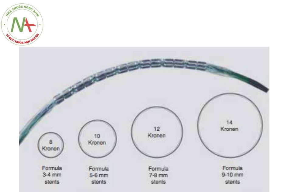 Hình 3. Stent Cook Formula (Cook Medical; Bloom- ington, Indiana, USA) gắn trên bóng 6, 8 và 10 mm. Kro- nen = chu vi stent