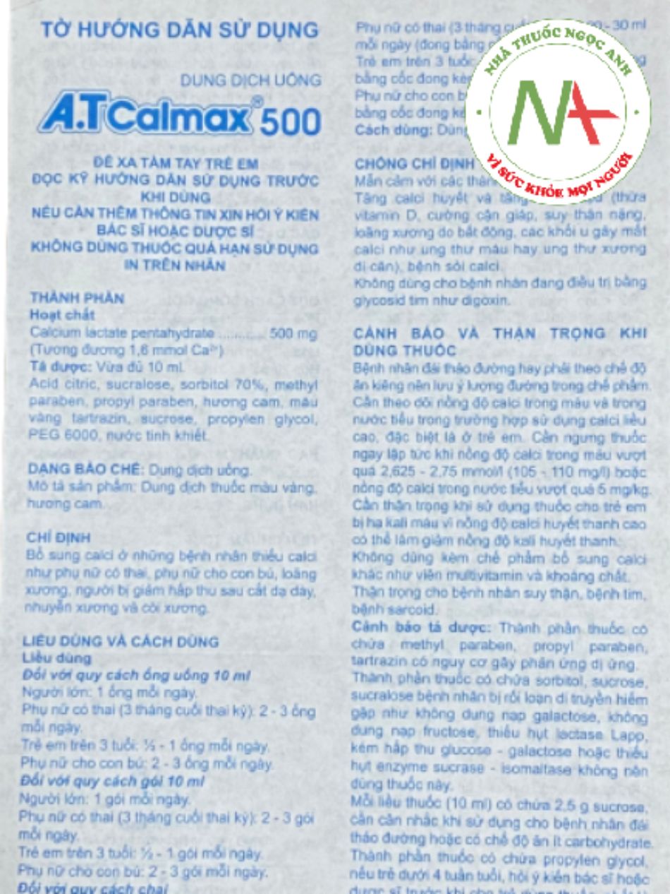 Hướng dẫn sử dụng thuốc A.T Calmax 500