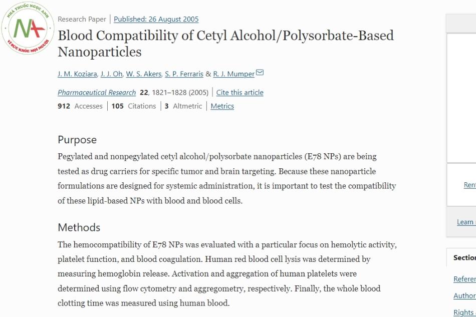 Blood Compatibility of Cetyl Alcohol/Polysorbate-Based Nanoparticles