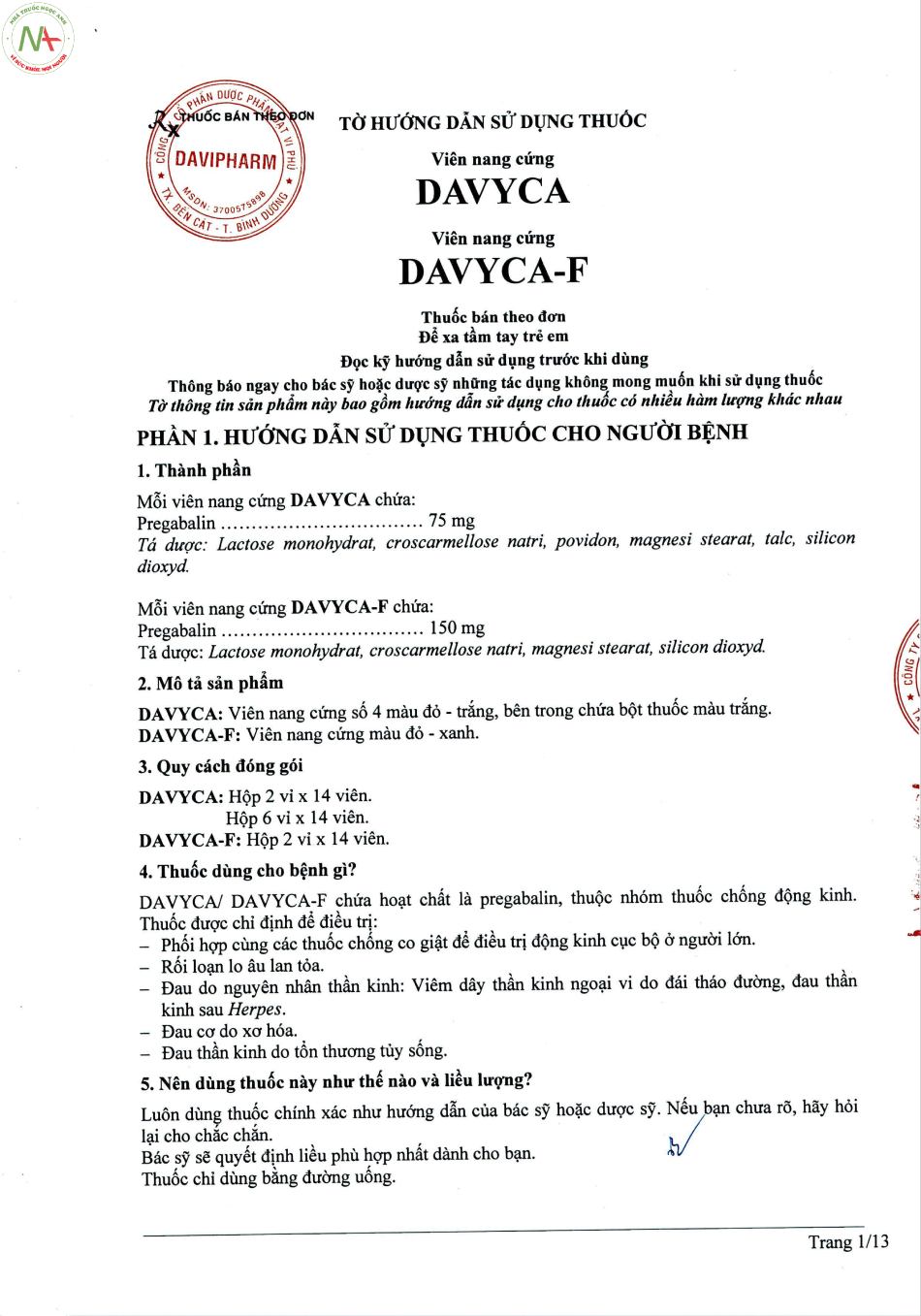 Hướng dẫn sử dụng thuốc Davyca