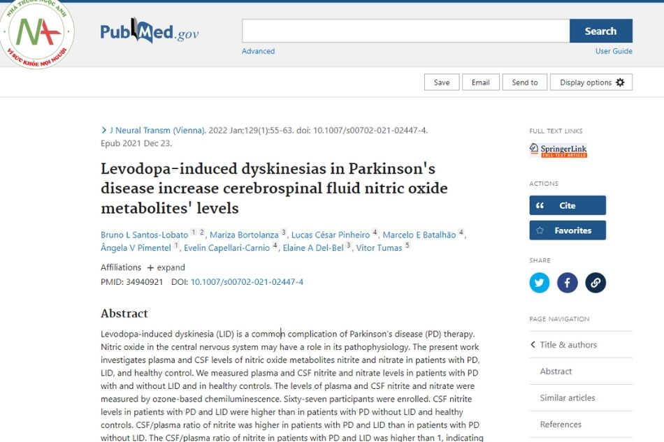 Levodopa-induced dyskinesias in Parkinson's disease increase cerebrospinal fluid nitric oxide metabolites' levels