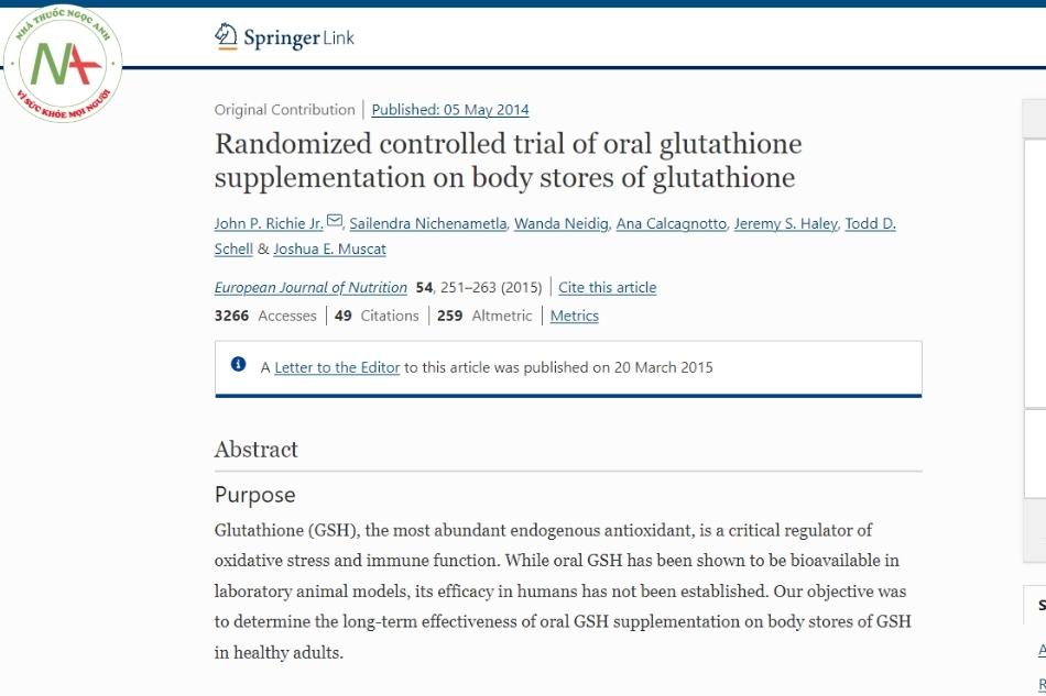Randomized controlled trial of oral glutathione supplementation on body stores of glutathione. European journal of nutrition