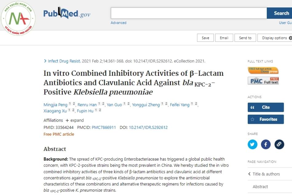 In vitro Combined Inhibitory Activities of β-Lactam Antibiotics and Clavulanic Acid Against bla KPC-2-Positive Klebsiella pneumoniae