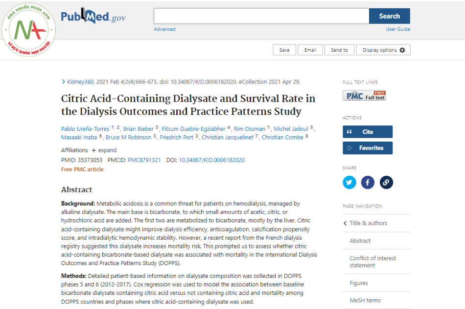 Citric Acid Containing Dialysate and Survival Rate in the Dialysis Outcomes and Practice Patterns Study.