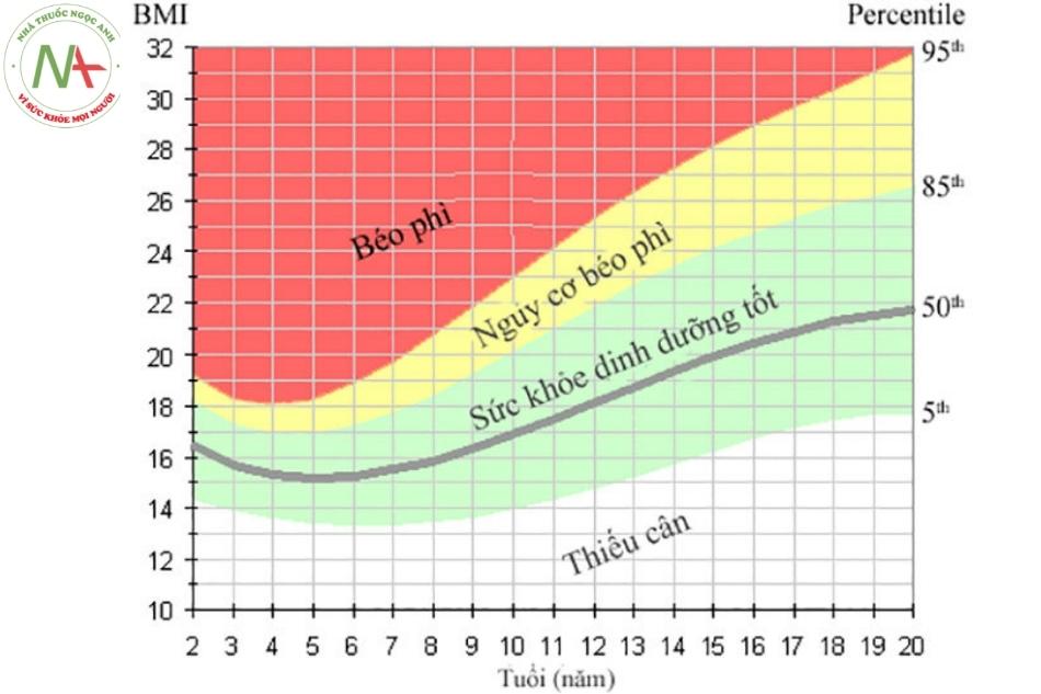 Biểu đồ tăng trưởng tỷ lệ phần trăm BMI theo tuổi ( từ 2 tuổi tới 20 tuổi) 