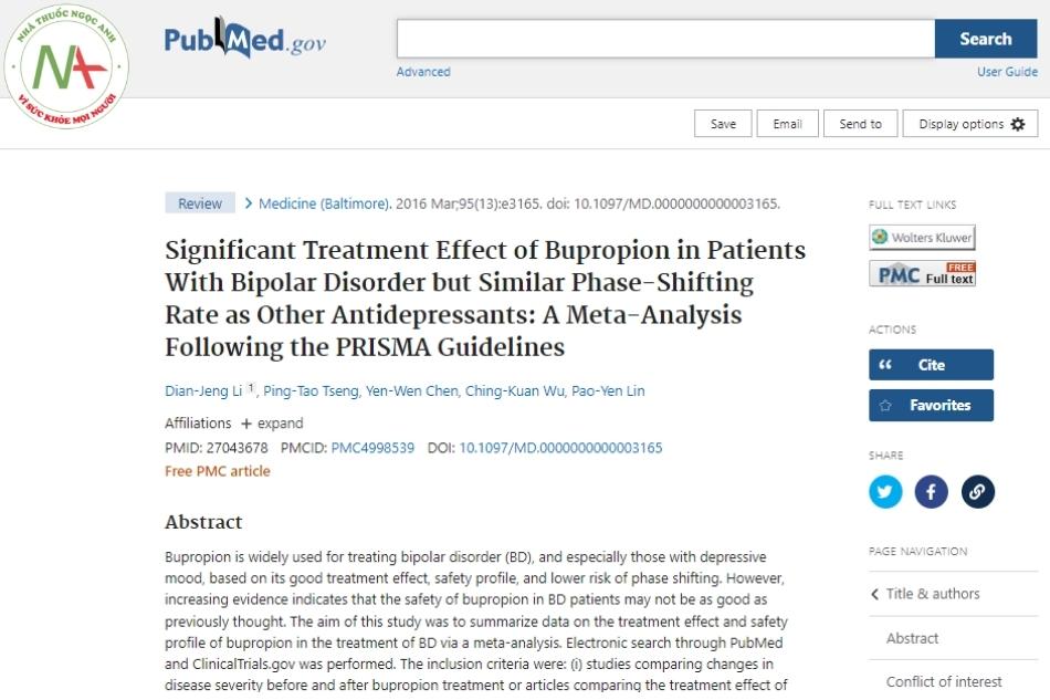 Significant Treatment Effect of Bupropion in Patients With Bipolar Disorder but Similar Phase-Shifting Rate as Other Antidepressants: A Meta-Analysis Following the PRISMA Guidelines