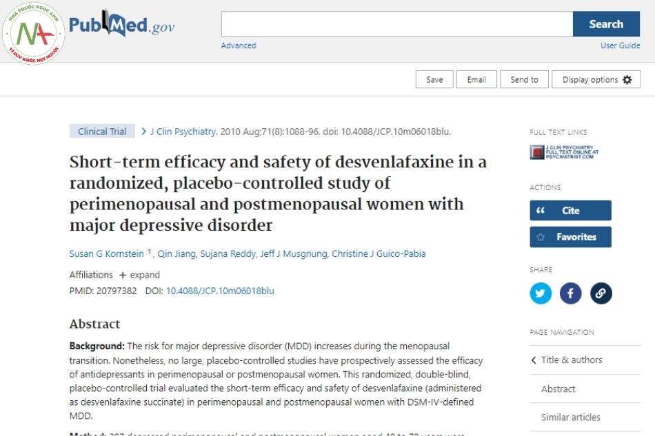 Short-term efficacy and safety of Desvenlafaxin in a randomized, placebo-controlled study of perimenopausal and postmenopausal women with major depressive disorder