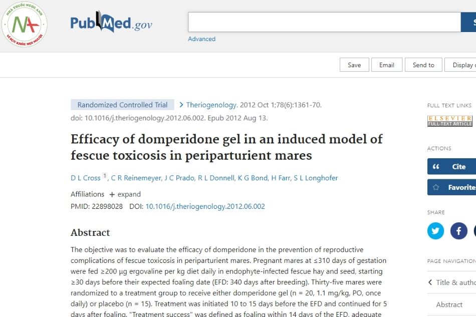 Efficacy of domperidone gel in an induced model of fescue toxicosis in periparturient mares