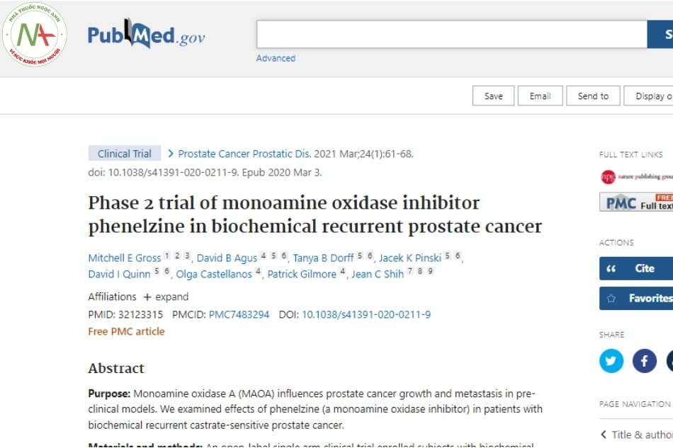 Phase 2 trial of monoamine oxidase inhibitor phenelzin in biochemical recurrent prostate cancer