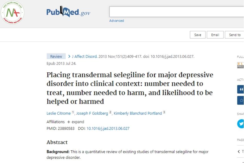 Placing transdermal Selegilin for major depressive disorder into clinical context: number needed to treat, number needed to harm, and likelihood to be helped or harmed.