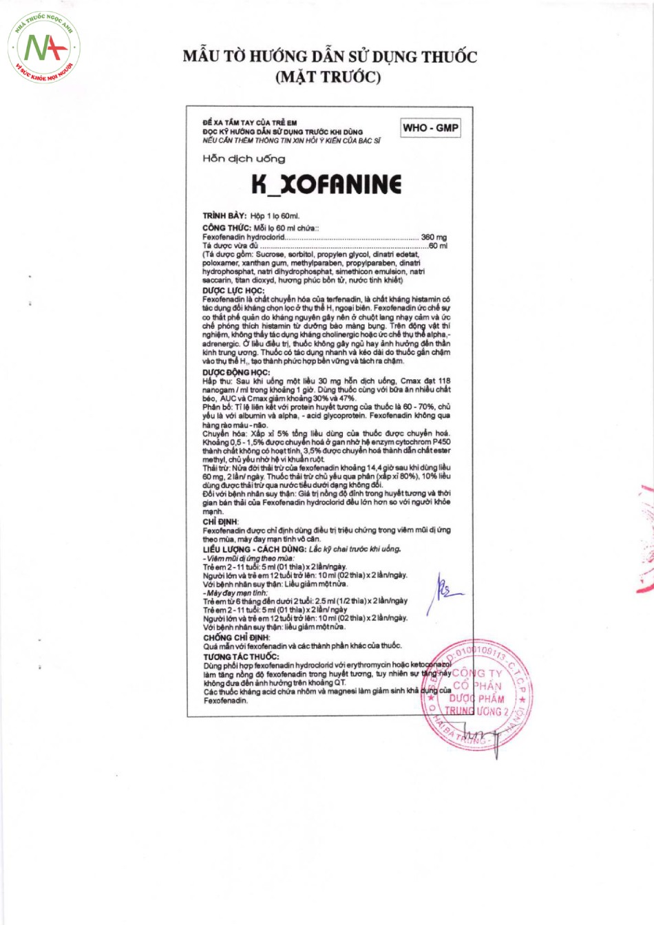 Tờ hướng dẫn sử dụng thuốc K-XOFANINE