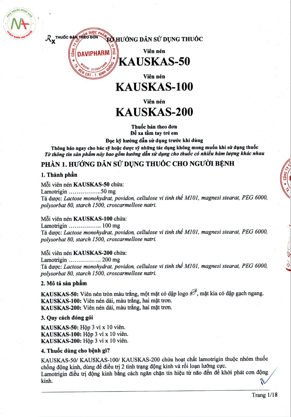 Hướng dẫn sử dụng thuốc Kauskas-50