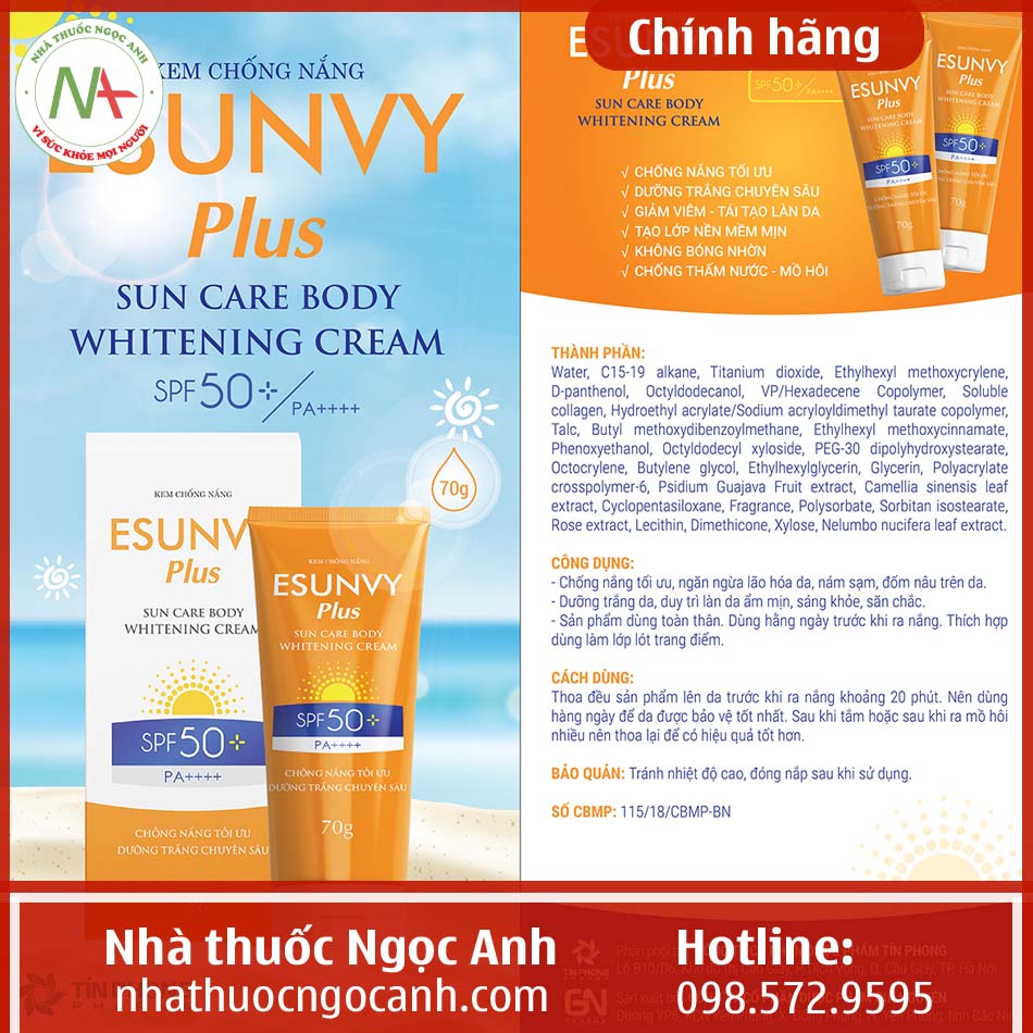 Tờ hướng dẫn sử dụng Kem chống nắng Esunvy Plus Sun Care Body Whitening Cream