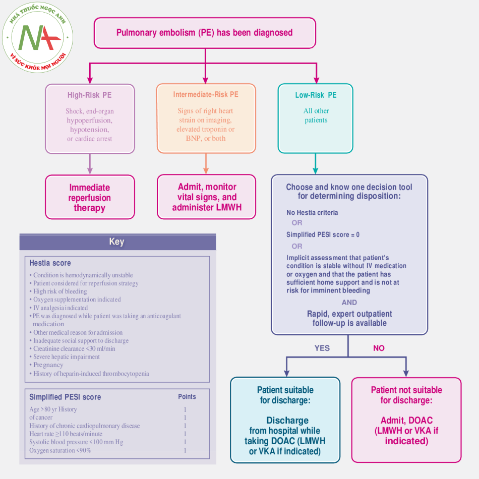 Figure 2. Overview of Pulmonary Embolism Management in the Context of Risk Stratification. At the time of diagnosis, pulmonary embolism should be stratified as low risk, intermediate risk, or high risk. Patients with high-risk pul- monary embolism should be assessed for immediate reperfusion interventions such as systemic thrombolysis. Patients with intermedi- ate-risk pulmonary embolism should be carefully monitored and assessed for initiation of treatment with low-molecular-weight heparin (LMWH). Most patients have low-risk pulmonary embolism and can be assessed for outpatient anticoagulant therapy according to their Hestia score, score on the simplified Pulmonary Embolism Severity Index (PESI), or the physician’s implicit judgment. All patients dis- charged home would benefit from rapid, reliable outpatient follow-up. BNP denotes brain natriuretic peptide, DOAC direct oral antico- agulant, IV intravenous, and VKA vitamin K antagonist. 