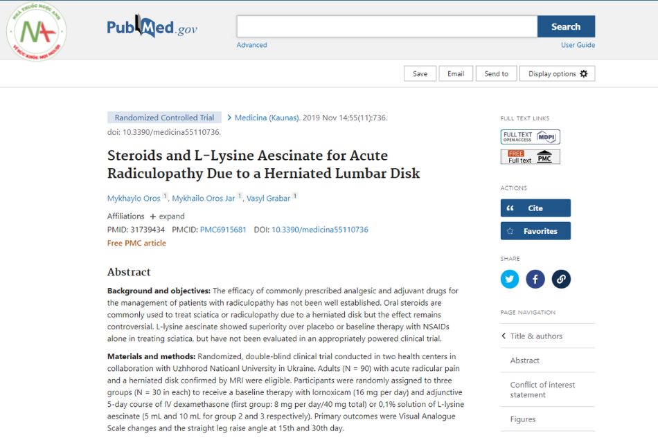 Steroids and L-Lysine Aescinate for Acute Radiculopathy Due to a Herniated Lumbar Disk